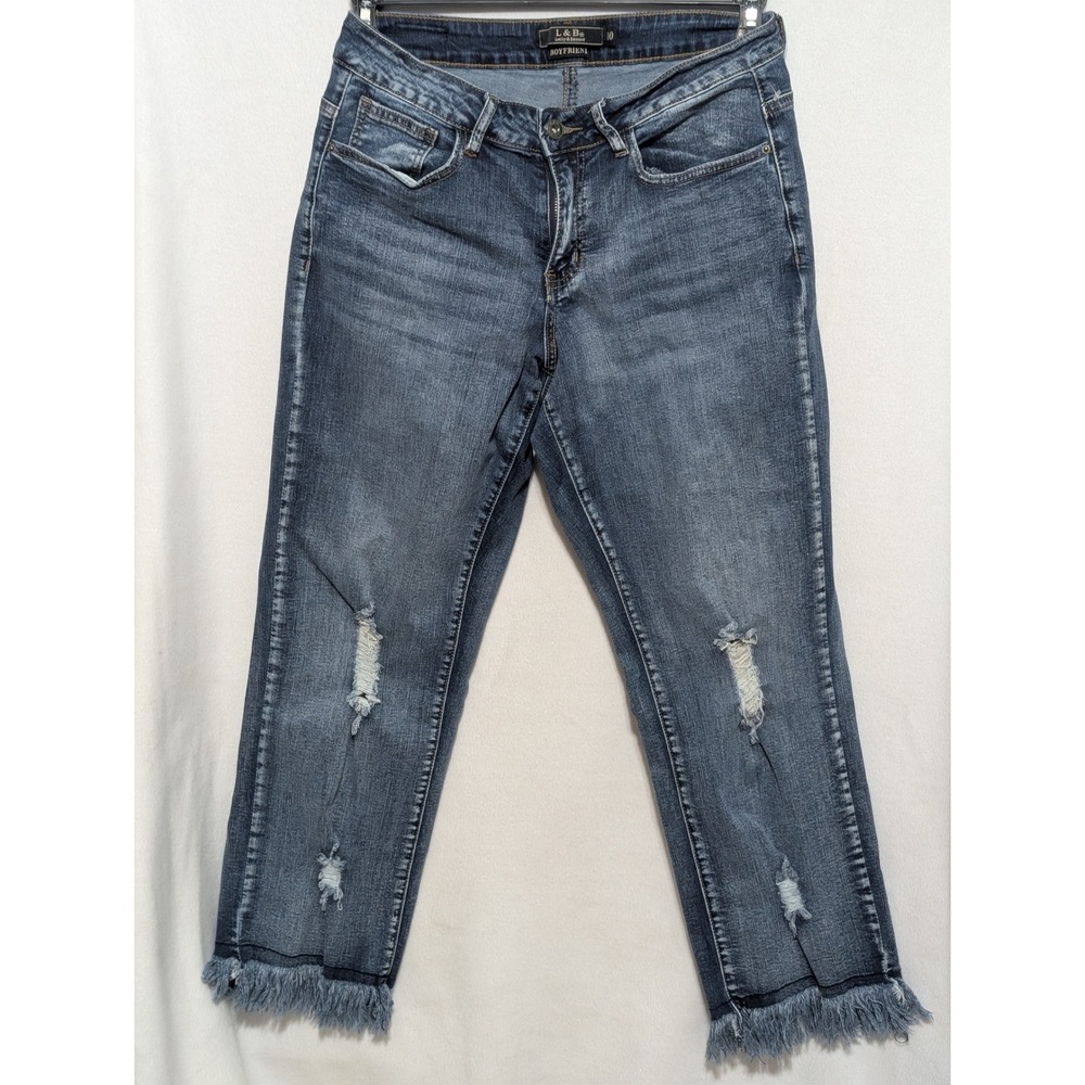Lucky & Blessed L&B Womens Distressed Boyfriend Jeans Medium Wash Frayed Hem 10